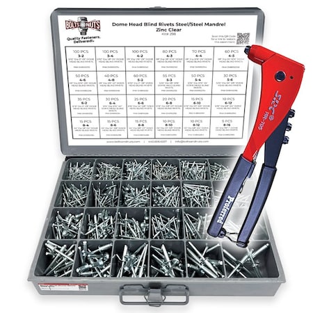 Boltsandnuts.Com Dome Head Blind Pop Rivets Steel/Steel Mandrel Zinc Clear Assortment with Hand Rivet Tool- 1002PCS Assortment Kit #298-TOOL